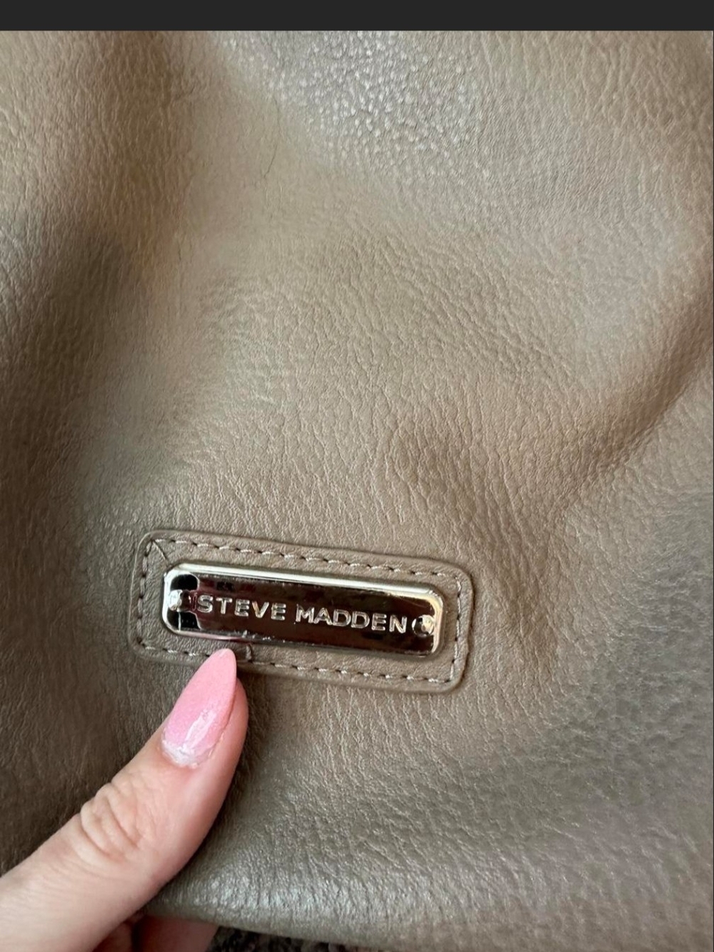 Steve Madden Taupe Leather Shoulder Bag with Metal Nameplate
